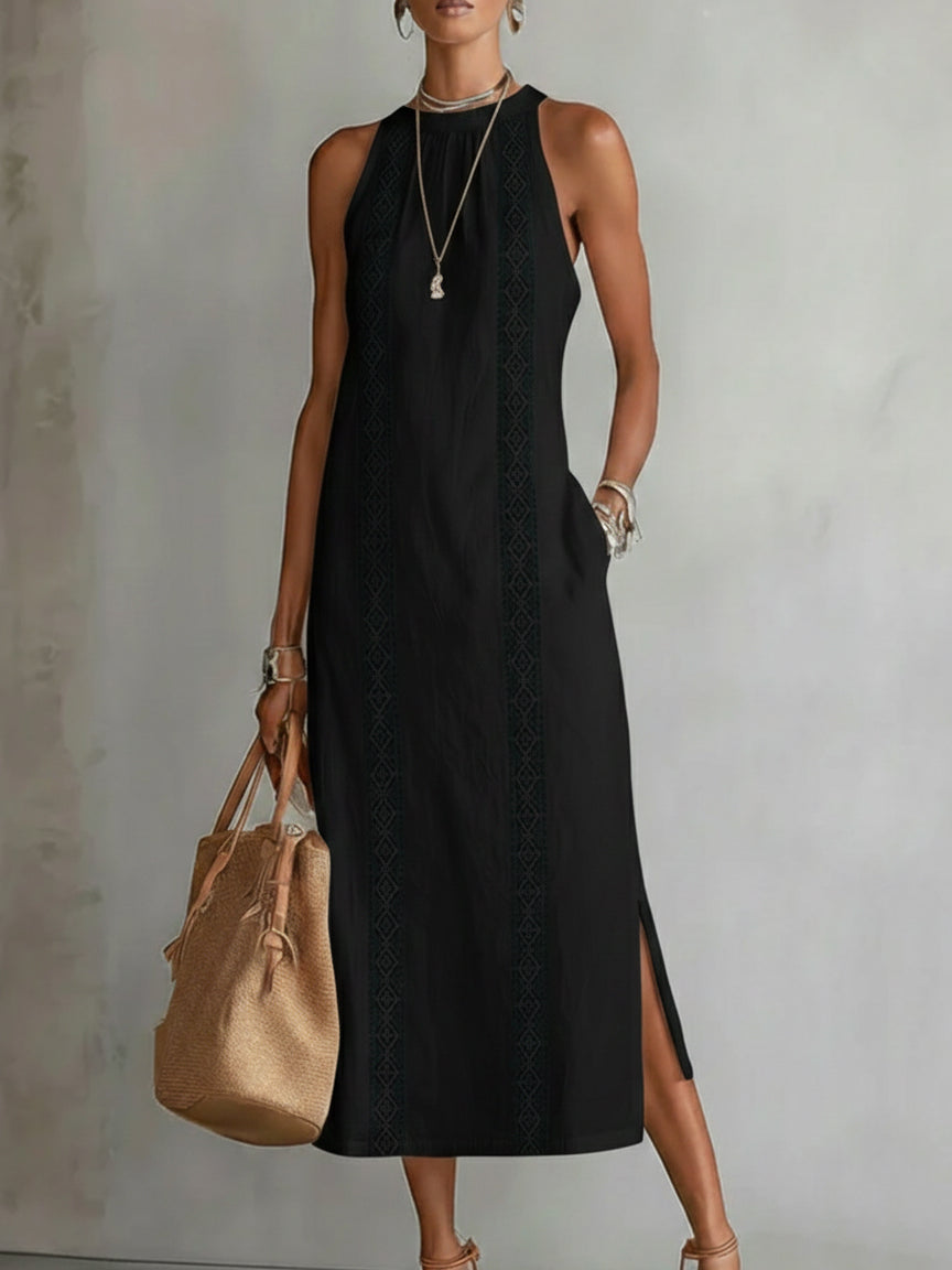 Beatriz | Vestido Midi de Linho com Renda e Gola Alta