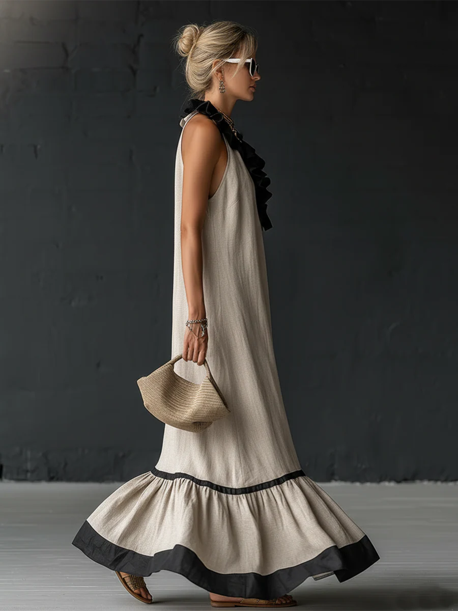 Sofia | Vestido Maxi com Babados e Detalhe Bicolor