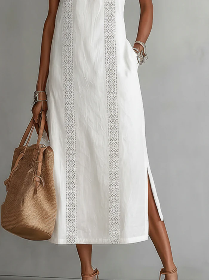 Beatriz | Vestido Midi de Linho com Renda e Gola Alta