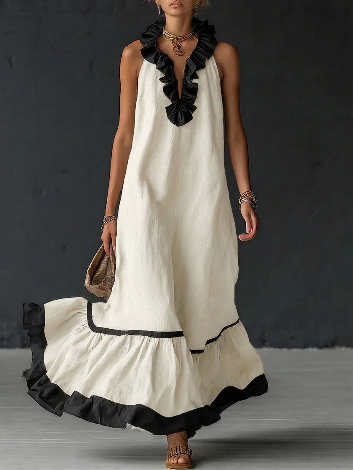 Sofia | Vestido Maxi com Babados e Detalhe Bicolor