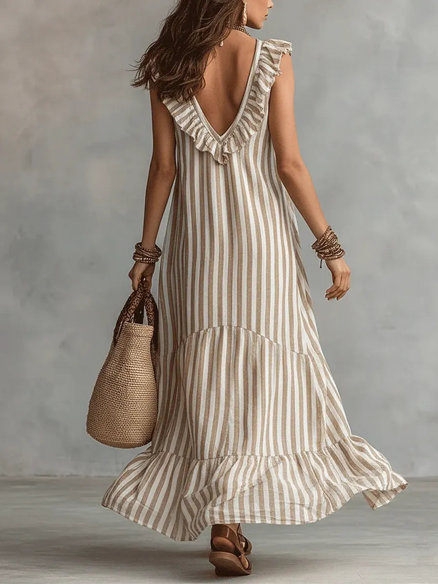 Isabel | Vestido de Algodão Listrado com Babados no Decote