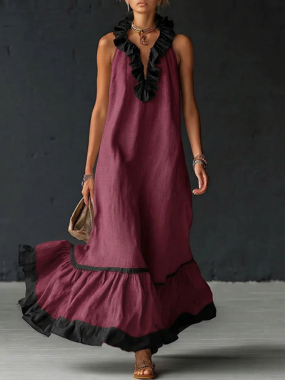 Sofia | Vestido Maxi com Babados e Detalhe Bicolor