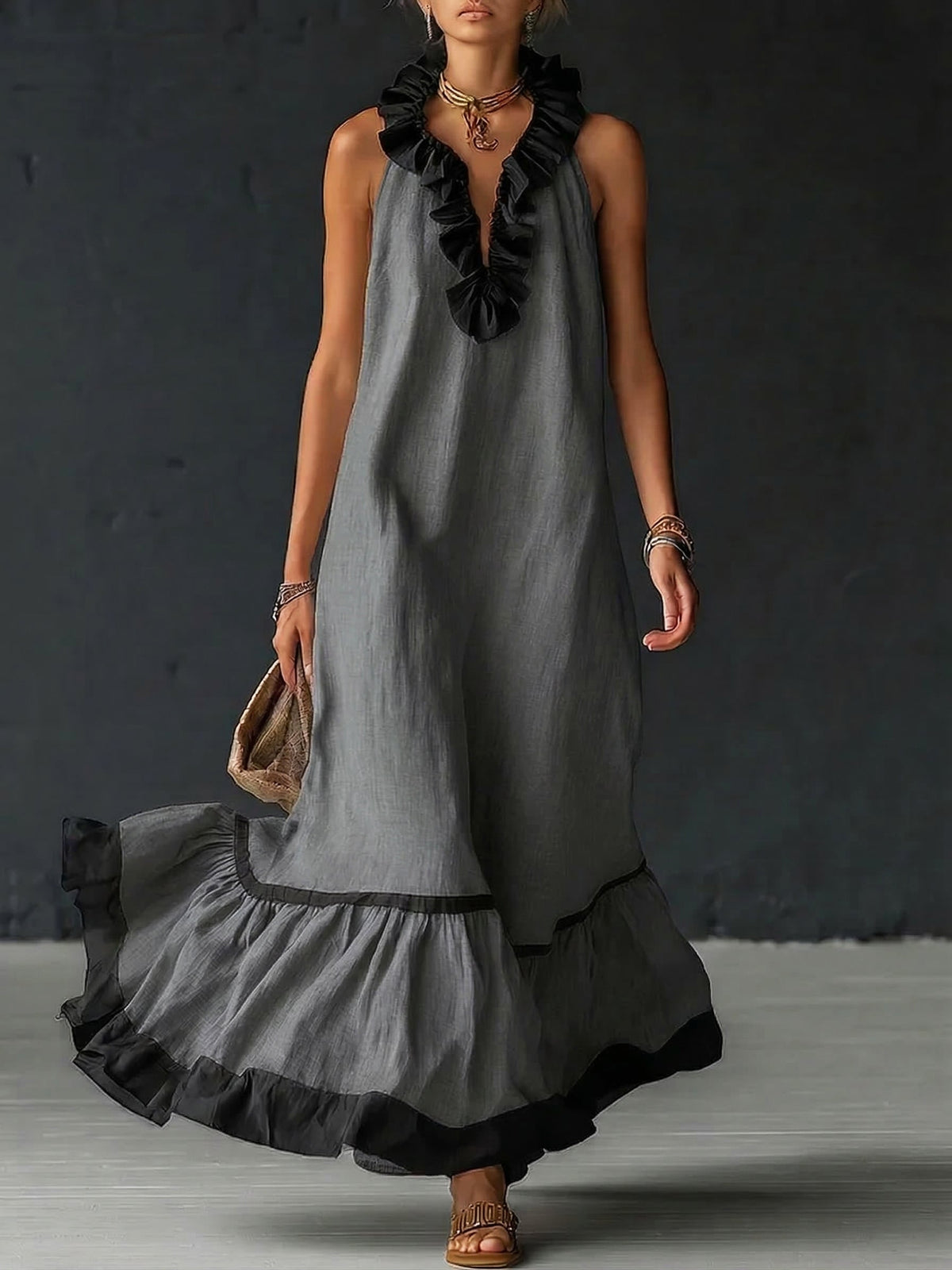 Sofia | Vestido Maxi com Babados e Detalhe Bicolor