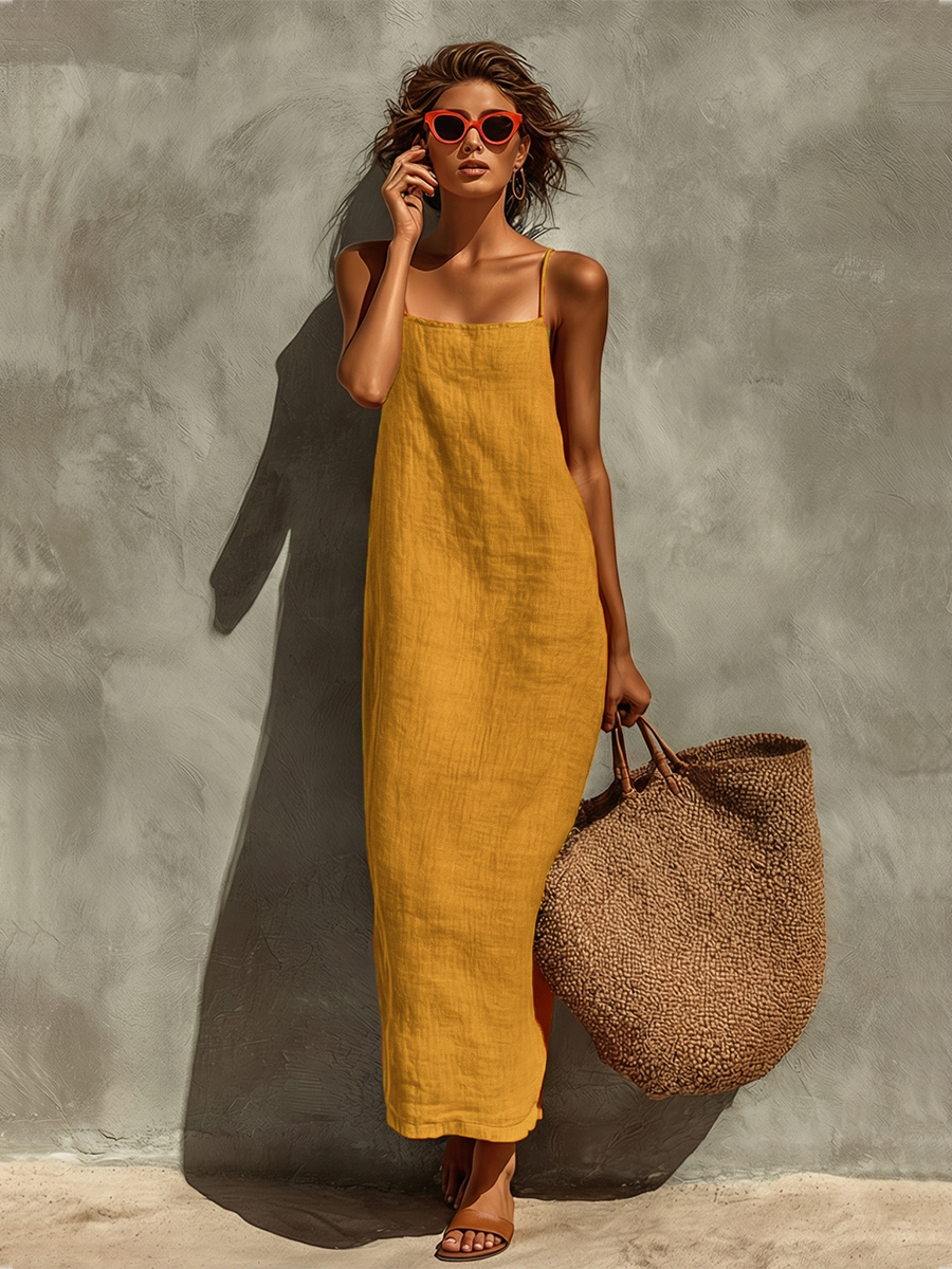Vestido de Algodão com Alças Finas e Decote Quadrado, Estilo Boho-Resort Atemporal
